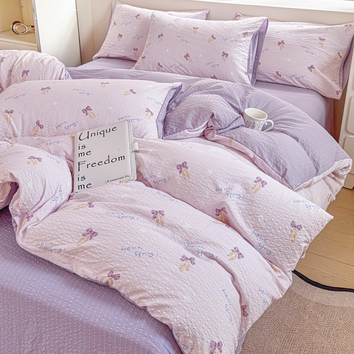 91家纺网 家纺一手货源 找家纺 桔禾家纺 2026春夏新款小清新A类超柔泡芙棉泡泡纱双层纱四件套 清甜印记