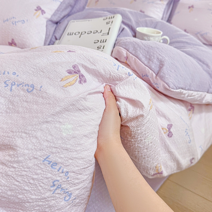 91家纺网 家纺一手货源 找家纺 桔禾家纺 2026春夏新款小清新A类超柔泡芙棉泡泡纱双层纱四件套 清甜印记