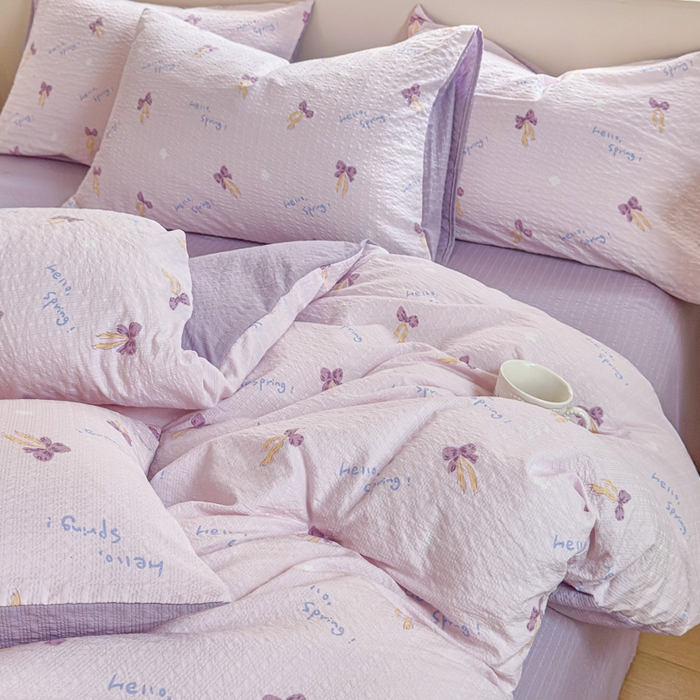 91家纺网 家纺一手货源 找家纺 桔禾家纺 2026春夏新款小清新A类超柔泡芙棉泡泡纱双层纱四件套 清甜印记