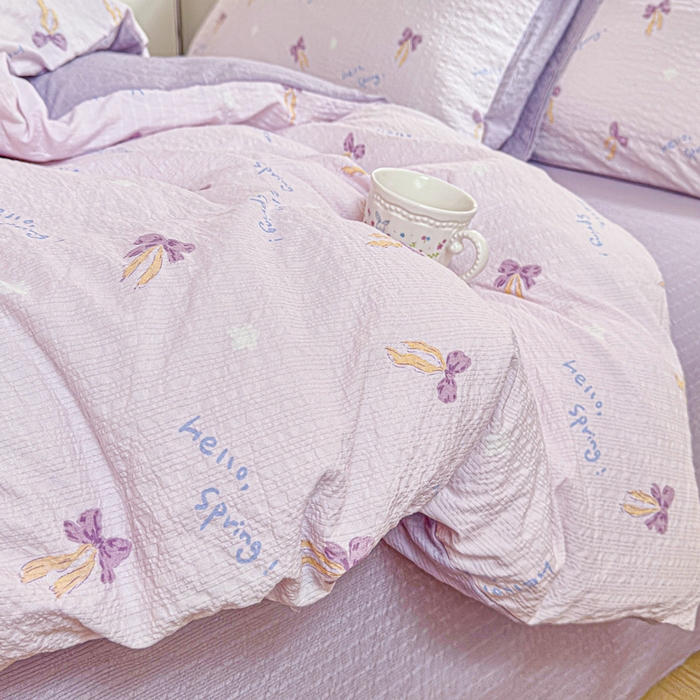 91家纺网 家纺一手货源 找家纺 桔禾家纺 2026春夏新款小清新A类超柔泡芙棉泡泡纱双层纱四件套 清甜印记