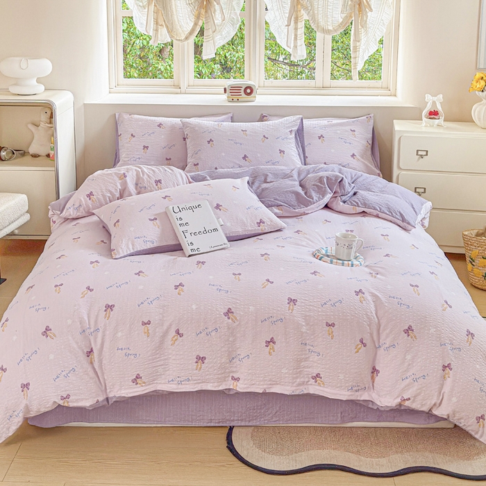 91家纺网 家纺一手货源 找家纺 桔禾家纺 2026春夏新款小清新A类超柔泡芙棉泡泡纱双层纱四件套 清甜印记