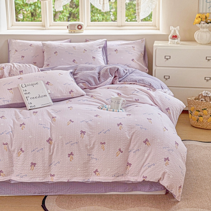 91家纺网 家纺一手货源 找家纺 桔禾家纺 2026春夏新款小清新A类超柔泡芙棉泡泡纱双层纱四件套 清甜印记