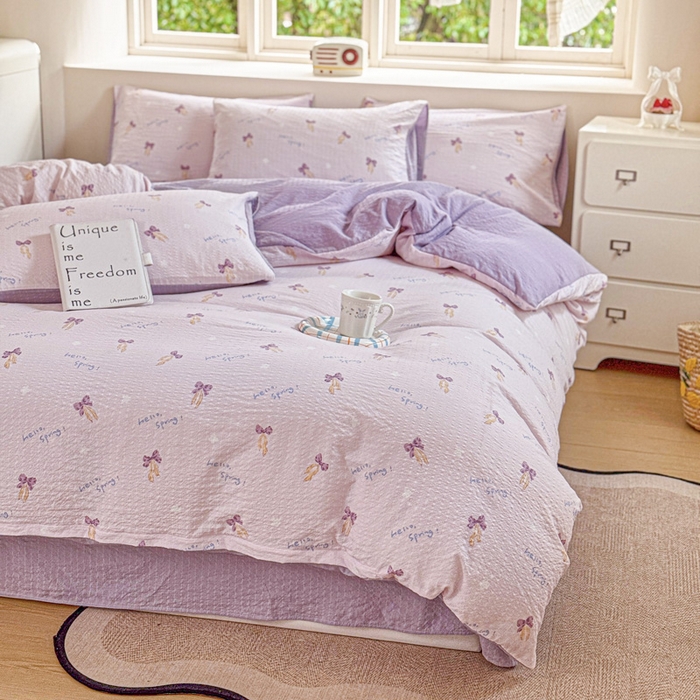 91家纺网 家纺一手货源 找家纺 桔禾家纺 2026春夏新款小清新A类超柔泡芙棉泡泡纱双层纱四件套 清甜印记