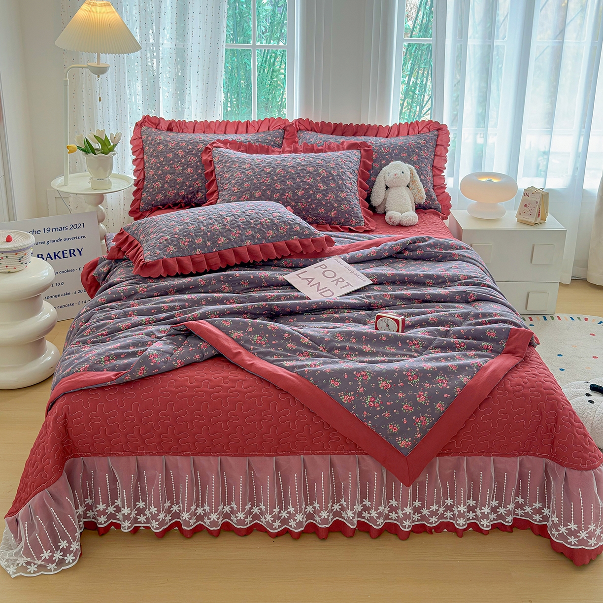 绒耀家纺 2026春夏直播爆款泡芙棉云感双层纱皱皱纱韩式花边夏被四件套 花仙谷-AB