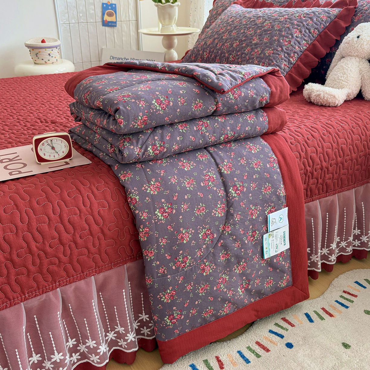 91家纺网 家纺一手货源 找家纺 绒耀家纺 2026春夏直播爆款泡芙棉云感双层纱皱皱纱韩式花边夏被四件套 花仙谷-AB