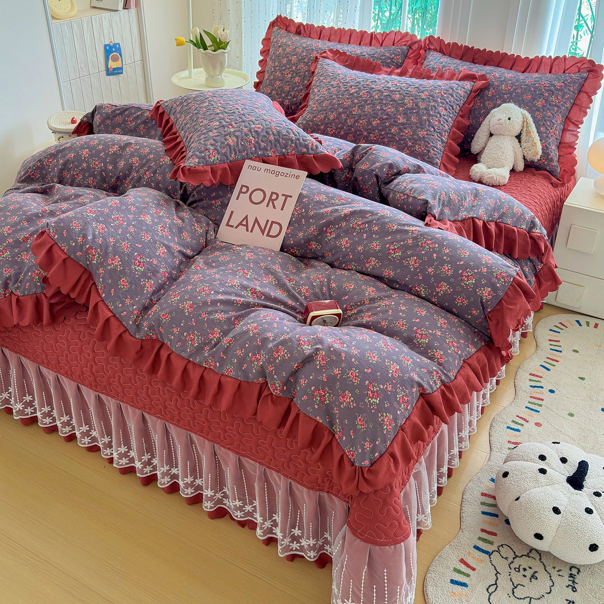 91家纺网 家纺一手货源 找家纺 绒耀家纺 2026春夏直播爆款泡芙棉云感双层纱皱皱纱韩式花边夏被四件套 花仙谷-AB