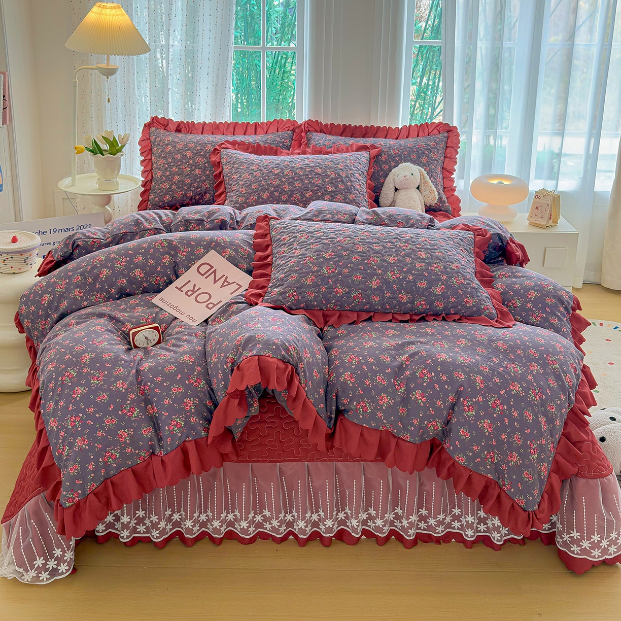 91家纺网 家纺一手货源 找家纺 绒耀家纺 2026春夏直播爆款泡芙棉云感双层纱皱皱纱韩式花边夏被四件套 花仙谷-AB