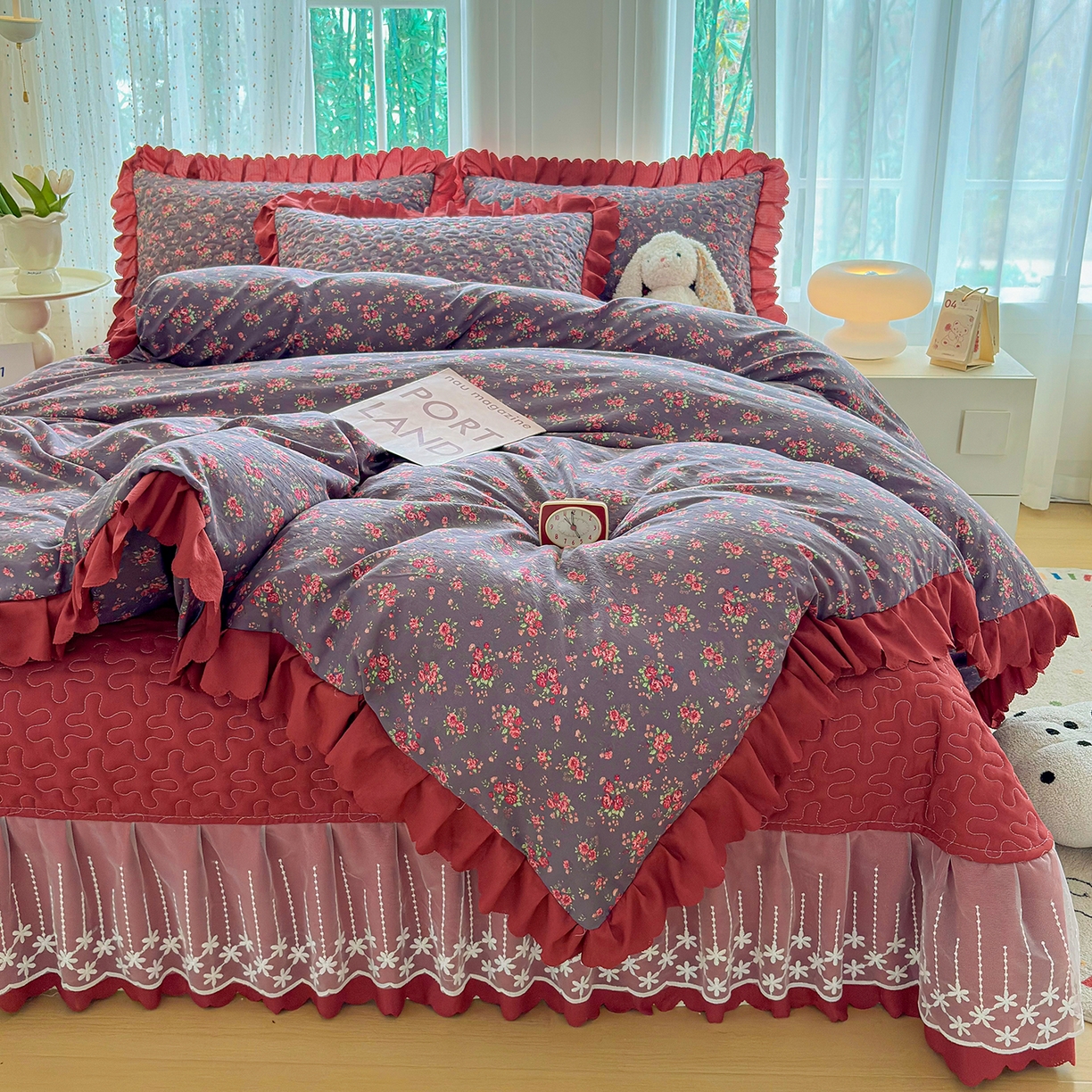 91家纺网 家纺一手货源 找家纺 绒耀家纺 2026春夏直播爆款泡芙棉云感双层纱皱皱纱韩式花边夏被四件套 花仙谷-AB