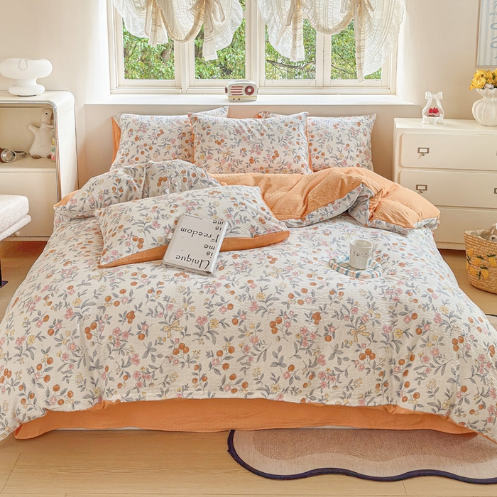 91家纺网 家纺一手货源 找家纺 桔禾家纺 2026春夏新款小清新A类超柔泡芙棉泡泡纱双层纱四件套 石榴花开