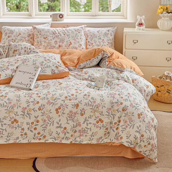 91家纺网 家纺一手货源 找家纺 桔禾家纺 2026春夏新款小清新A类超柔泡芙棉泡泡纱双层纱四件套 石榴花开