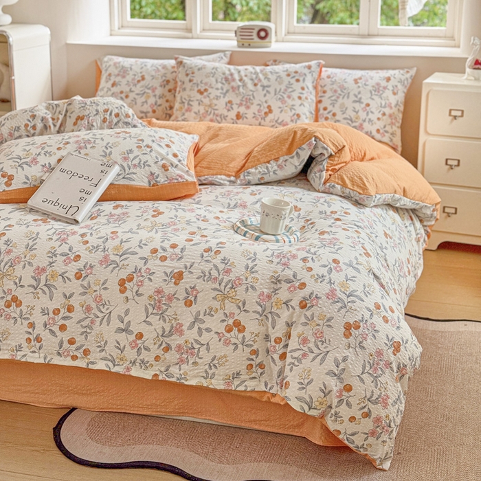 91家纺网 家纺一手货源 找家纺 桔禾家纺 2026春夏新款小清新A类超柔泡芙棉泡泡纱双层纱四件套 石榴花开