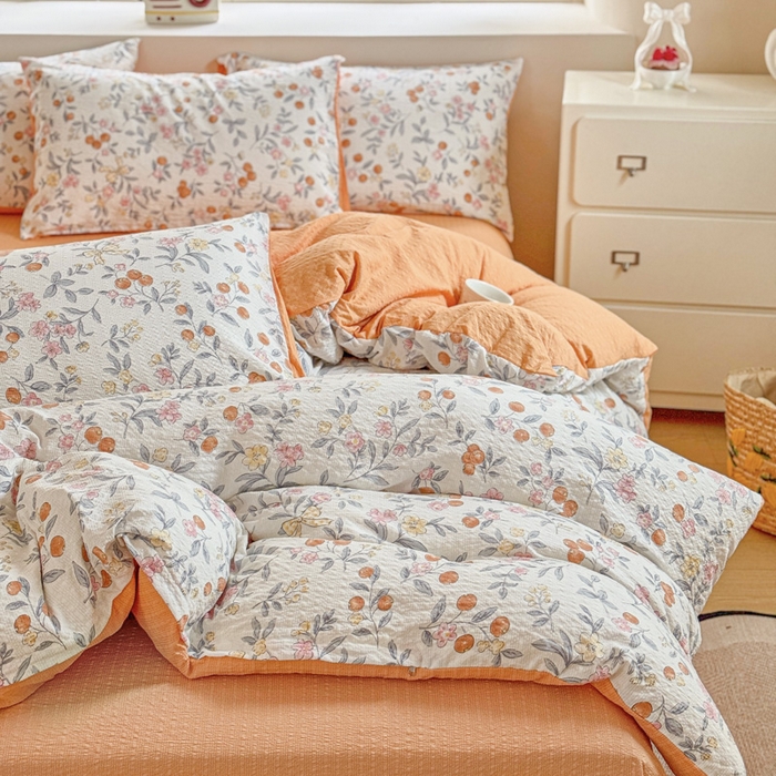 91家纺网 家纺一手货源 找家纺 桔禾家纺 2026春夏新款小清新A类超柔泡芙棉泡泡纱双层纱四件套 石榴花开