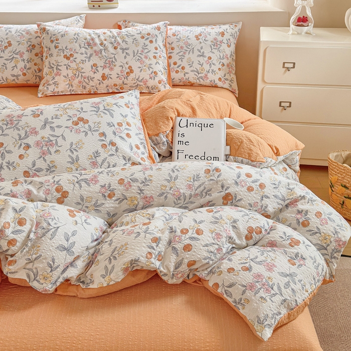 91家纺网 家纺一手货源 找家纺 桔禾家纺 2026春夏新款小清新A类超柔泡芙棉泡泡纱双层纱四件套 石榴花开