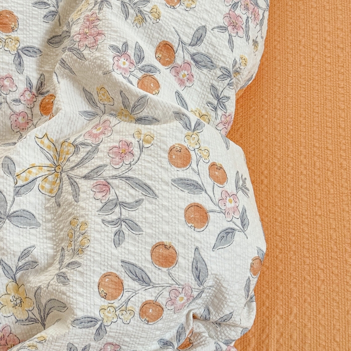 91家纺网 家纺一手货源 找家纺 桔禾家纺 2026春夏新款小清新A类超柔泡芙棉泡泡纱双层纱四件套 石榴花开