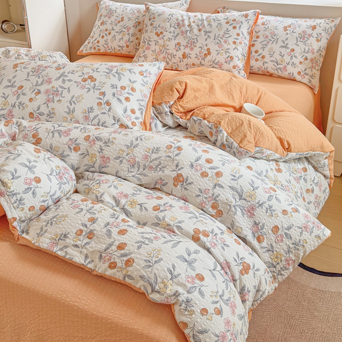 91家纺网 家纺一手货源 找家纺 桔禾家纺 2026春夏新款小清新A类超柔泡芙棉泡泡纱双层纱四件套 石榴花开