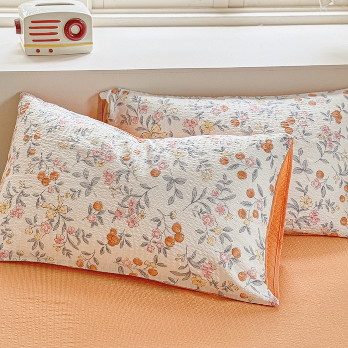 91家纺网 家纺一手货源 找家纺 桔禾家纺 2026春夏新款小清新A类超柔泡芙棉泡泡纱双层纱四件套 石榴花开