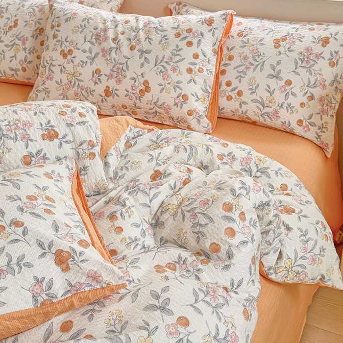 91家纺网 家纺一手货源 找家纺 桔禾家纺 2026春夏新款小清新A类超柔泡芙棉泡泡纱双层纱四件套 石榴花开