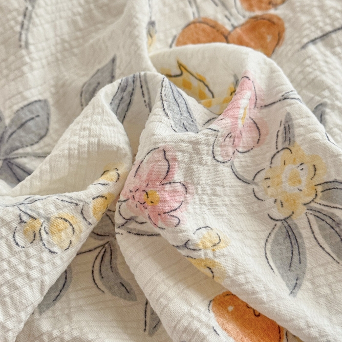 91家纺网 家纺一手货源 找家纺 桔禾家纺 2026春夏新款小清新A类超柔泡芙棉泡泡纱双层纱四件套 石榴花开