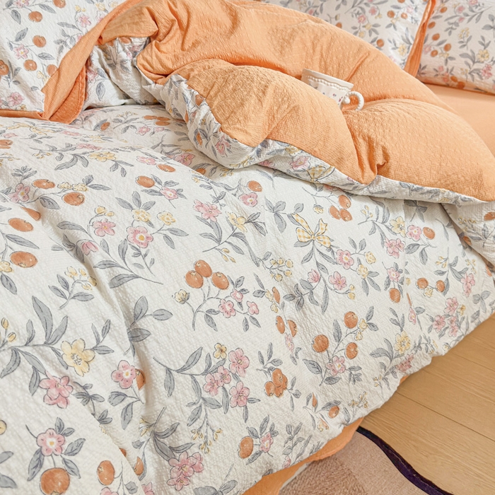 91家纺网 家纺一手货源 找家纺 桔禾家纺 2026春夏新款小清新A类超柔泡芙棉泡泡纱双层纱四件套 石榴花开