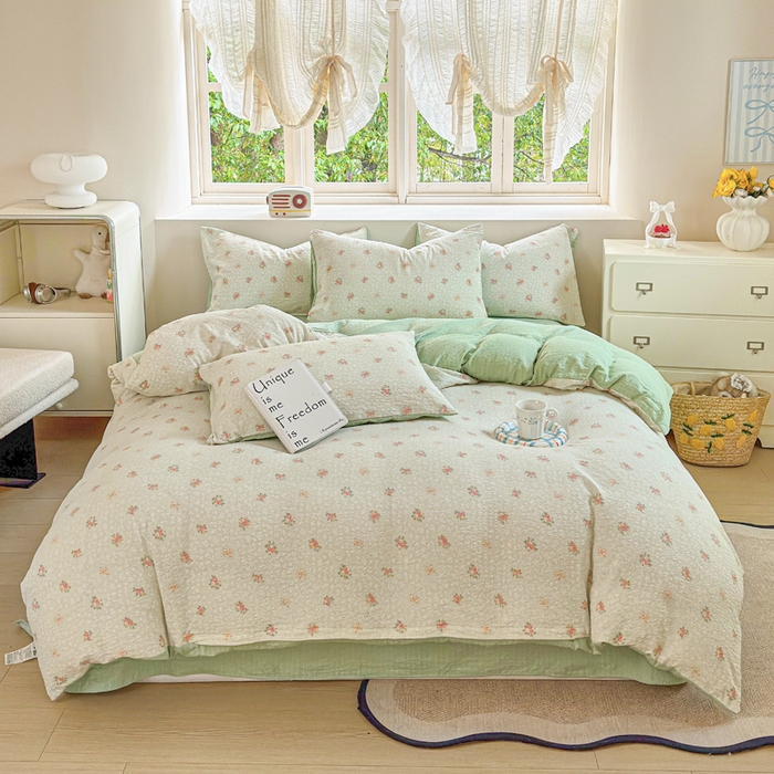 91家纺网 家纺一手货源 找家纺 桔禾家纺 2026春夏新款小清新A类超柔泡芙棉泡泡纱双层纱四件套 碎花集