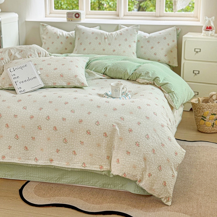 91家纺网 家纺一手货源 找家纺 桔禾家纺 2026春夏新款小清新A类超柔泡芙棉泡泡纱双层纱四件套 碎花集