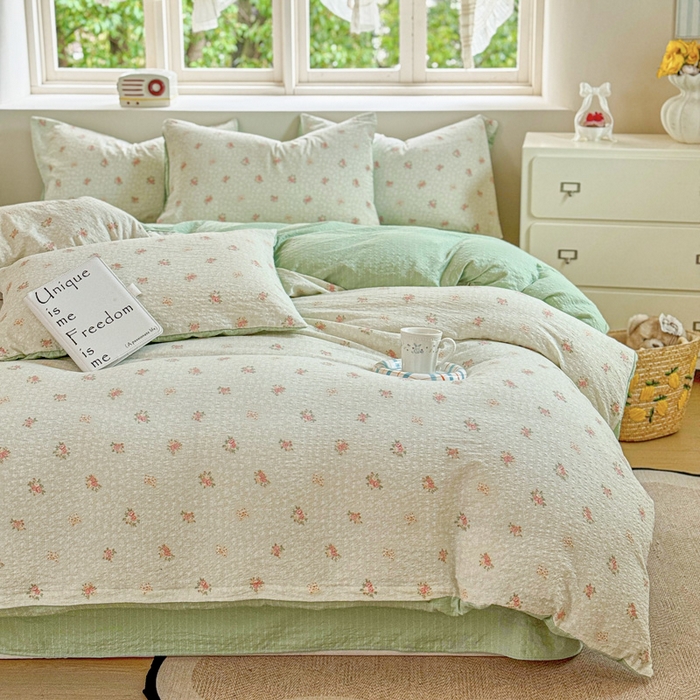 91家纺网 家纺一手货源 找家纺 桔禾家纺 2026春夏新款小清新A类超柔泡芙棉泡泡纱双层纱四件套 碎花集