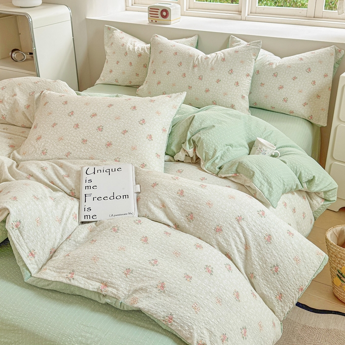 91家纺网 家纺一手货源 找家纺 桔禾家纺 2026春夏新款小清新A类超柔泡芙棉泡泡纱双层纱四件套 碎花集