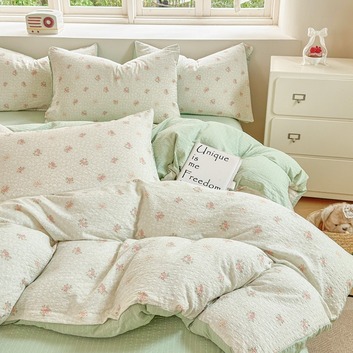 91家纺网 家纺一手货源 找家纺 桔禾家纺 2026春夏新款小清新A类超柔泡芙棉泡泡纱双层纱四件套 碎花集