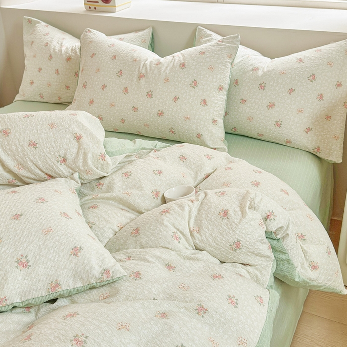 91家纺网 家纺一手货源 找家纺 桔禾家纺 2026春夏新款小清新A类超柔泡芙棉泡泡纱双层纱四件套 碎花集