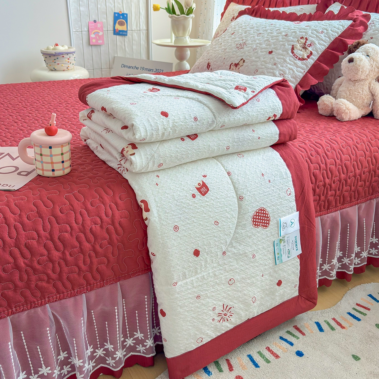 91家纺网 家纺一手货源 找家纺 绒耀家纺 2026春夏直播爆款泡芙棉云感双层纱皱皱纱韩式花边夏被四件套 马上有钱