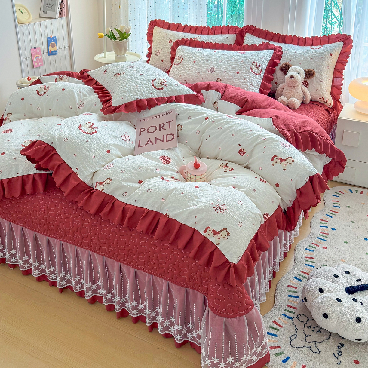 91家纺网 家纺一手货源 找家纺 绒耀家纺 2026春夏直播爆款泡芙棉云感双层纱皱皱纱韩式花边夏被四件套 马上有钱