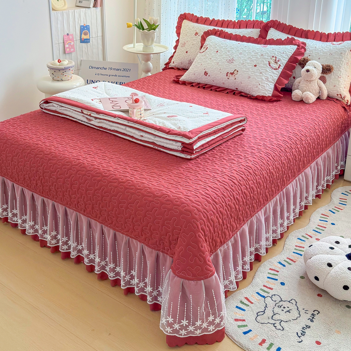 91家纺网 家纺一手货源 找家纺 绒耀家纺 2026春夏直播爆款泡芙棉云感双层纱皱皱纱韩式花边夏被四件套 马上有钱