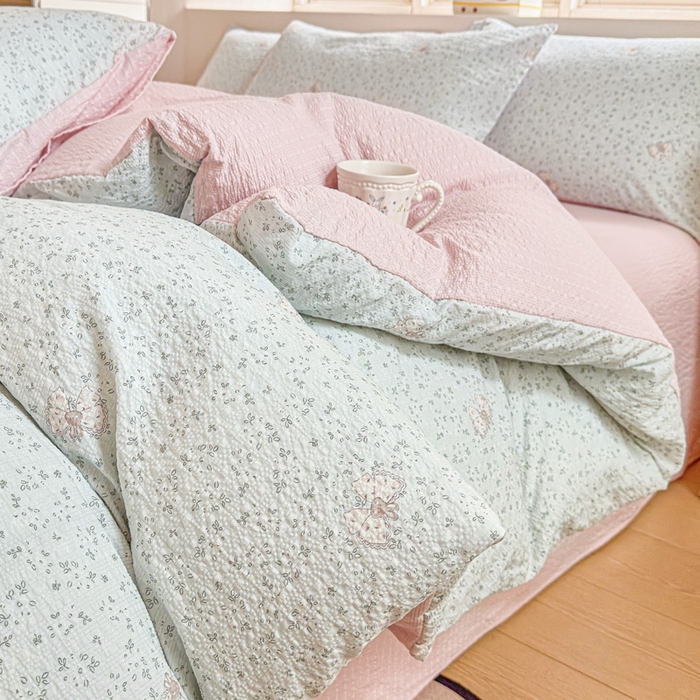 桔禾家纺 2026春夏新款小清新A类超柔泡芙棉泡泡纱双层纱四件套 兔小妹