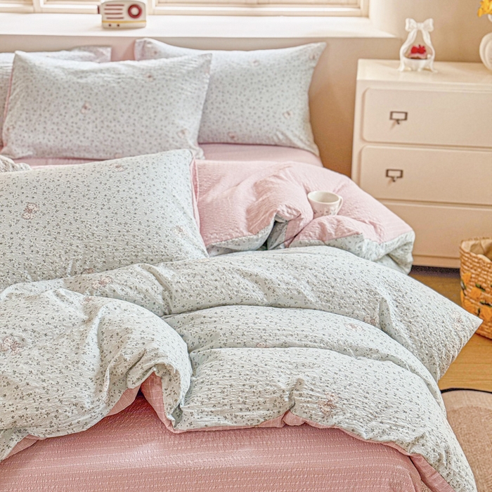 91家纺网 家纺一手货源 找家纺 桔禾家纺 2026春夏新款小清新A类超柔泡芙棉泡泡纱双层纱四件套 兔小妹