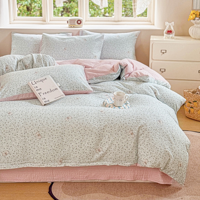 91家纺网 家纺一手货源 找家纺 桔禾家纺 2026春夏新款小清新A类超柔泡芙棉泡泡纱双层纱四件套 兔小妹