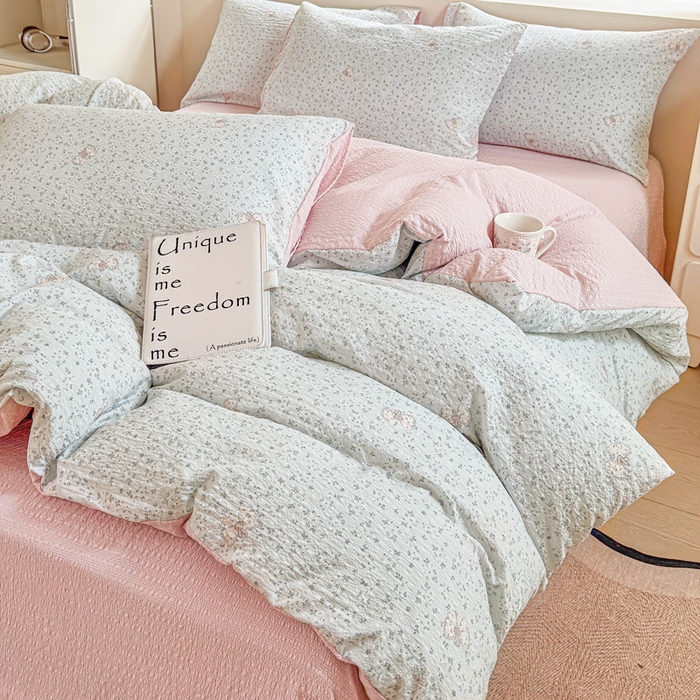 91家纺网 家纺一手货源 找家纺 桔禾家纺 2026春夏新款小清新A类超柔泡芙棉泡泡纱双层纱四件套 兔小妹