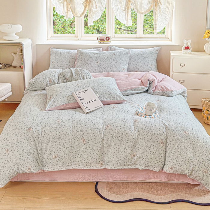 91家纺网 家纺一手货源 找家纺 桔禾家纺 2026春夏新款小清新A类超柔泡芙棉泡泡纱双层纱四件套 兔小妹