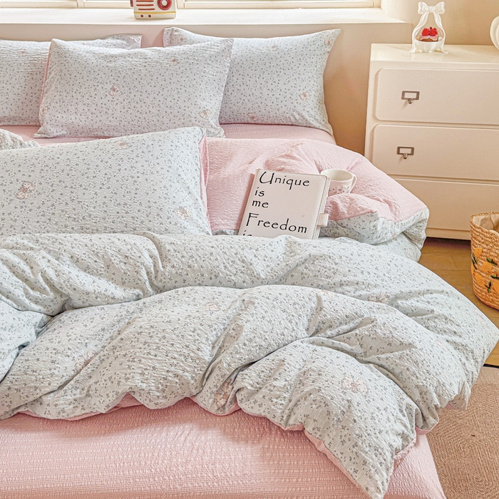 91家纺网 家纺一手货源 找家纺 桔禾家纺 2026春夏新款小清新A类超柔泡芙棉泡泡纱双层纱四件套 兔小妹