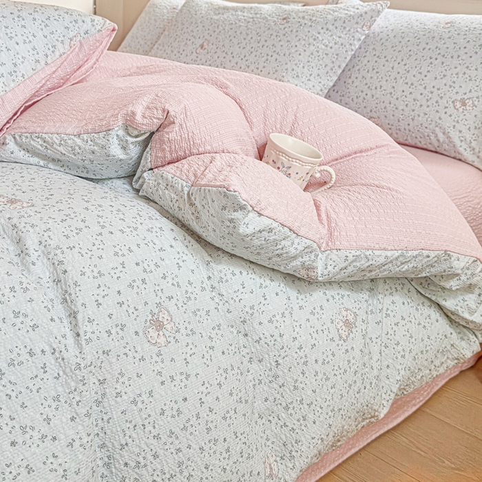 91家纺网 家纺一手货源 找家纺 桔禾家纺 2026春夏新款小清新A类超柔泡芙棉泡泡纱双层纱四件套 兔小妹