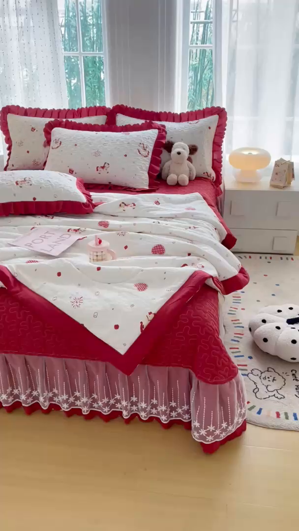 91家纺网 家纺一手货源 找家纺 绒耀家纺 2026春夏直播爆款泡芙棉云感双层纱皱皱纱韩式花边夏被四件套 马上有钱