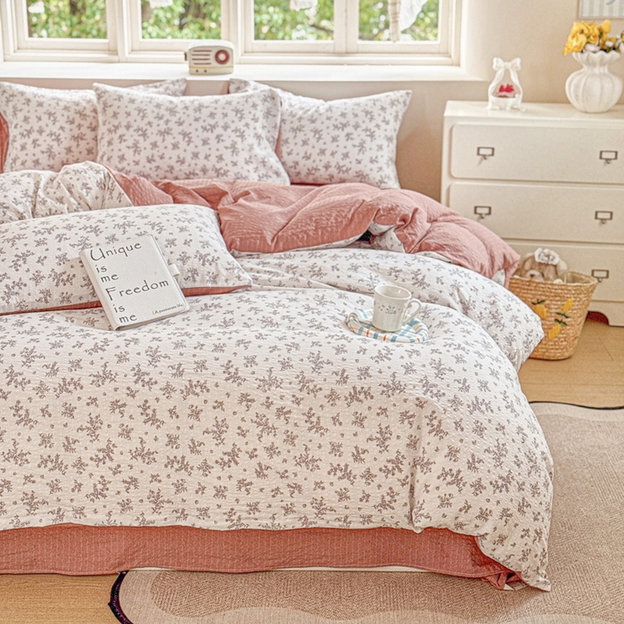 91家纺网 家纺一手货源 找家纺 桔禾家纺 2026春夏新款小清新A类超柔泡芙棉泡泡纱双层纱四件套 温柔花束