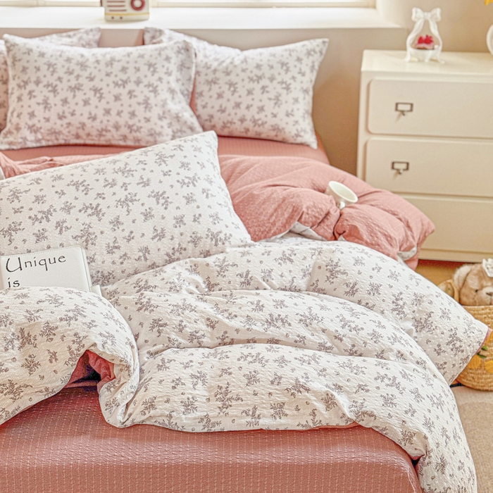 91家纺网 家纺一手货源 找家纺 桔禾家纺 2026春夏新款小清新A类超柔泡芙棉泡泡纱双层纱四件套 温柔花束