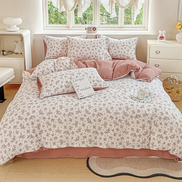 91家纺网 家纺一手货源 找家纺 桔禾家纺 2026春夏新款小清新A类超柔泡芙棉泡泡纱双层纱四件套 温柔花束