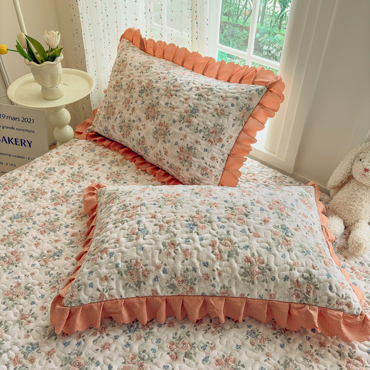 91家纺网 家纺一手货源 找家纺 绒耀家纺 2026春夏直播爆款泡芙棉云感双层纱皱皱纱韩式花边夏被四件套 蔷薇