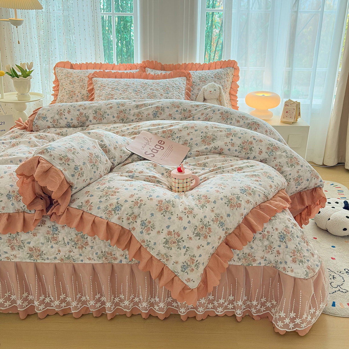 91家纺网 家纺一手货源 找家纺 绒耀家纺 2026春夏直播爆款泡芙棉云感双层纱皱皱纱韩式花边夏被四件套 蔷薇