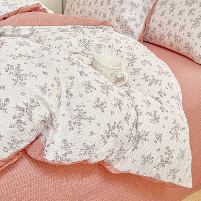 91家纺网 家纺一手货源 找家纺 桔禾家纺 2026春夏新款小清新A类超柔泡芙棉泡泡纱双层纱四件套 温柔花束