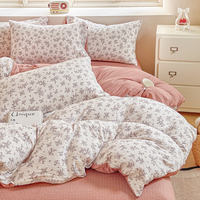 91家纺网 家纺一手货源 找家纺 桔禾家纺 2026春夏新款小清新A类超柔泡芙棉泡泡纱双层纱四件套 温柔花束