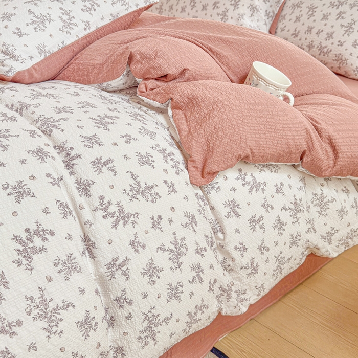 91家纺网 家纺一手货源 找家纺 桔禾家纺 2026春夏新款小清新A类超柔泡芙棉泡泡纱双层纱四件套 温柔花束