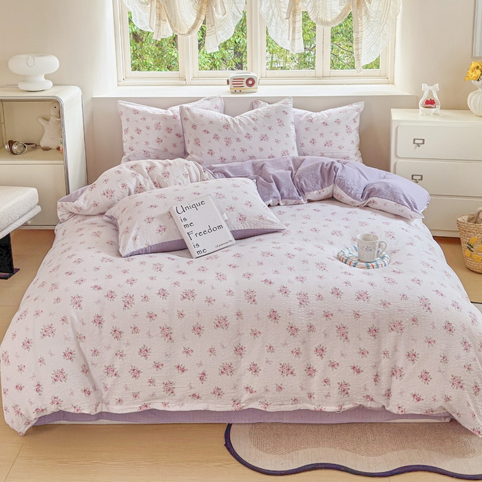 91家纺网 家纺一手货源 找家纺 桔禾家纺 2026春夏新款小清新A类超柔泡芙棉泡泡纱双层纱四件套 絮朵