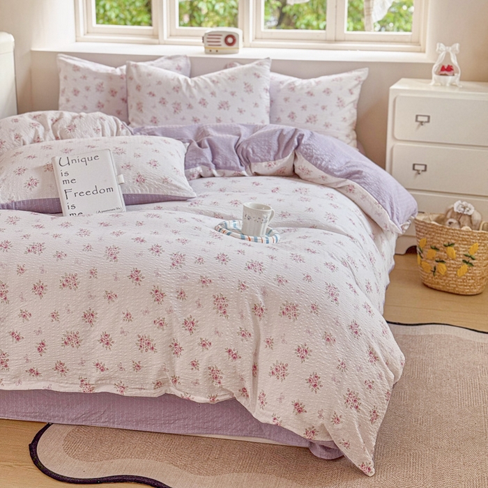 91家纺网 家纺一手货源 找家纺 桔禾家纺 2026春夏新款小清新A类超柔泡芙棉泡泡纱双层纱四件套 絮朵